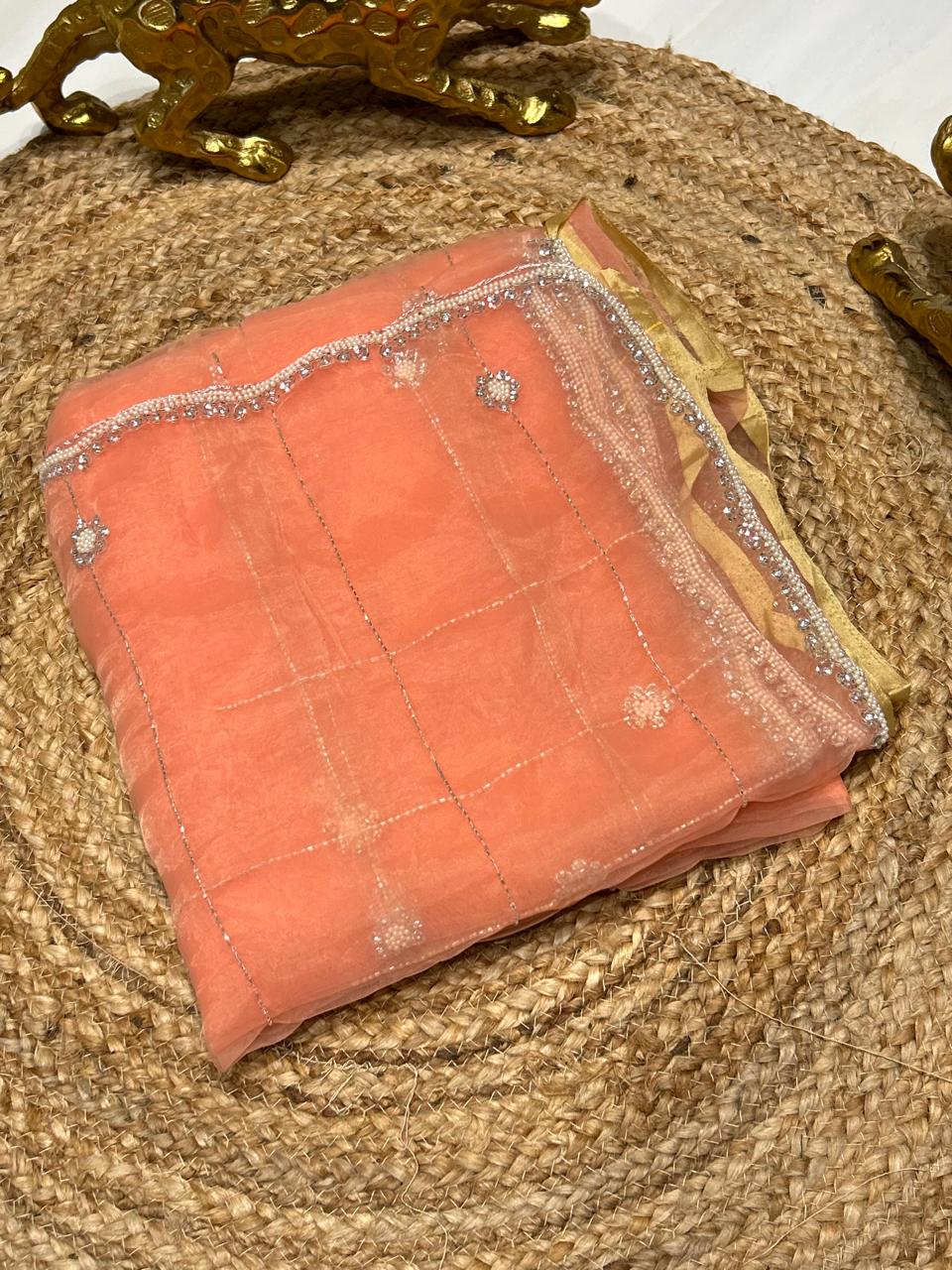 Soft Oraganza Saree With Pearl work🐚❄️