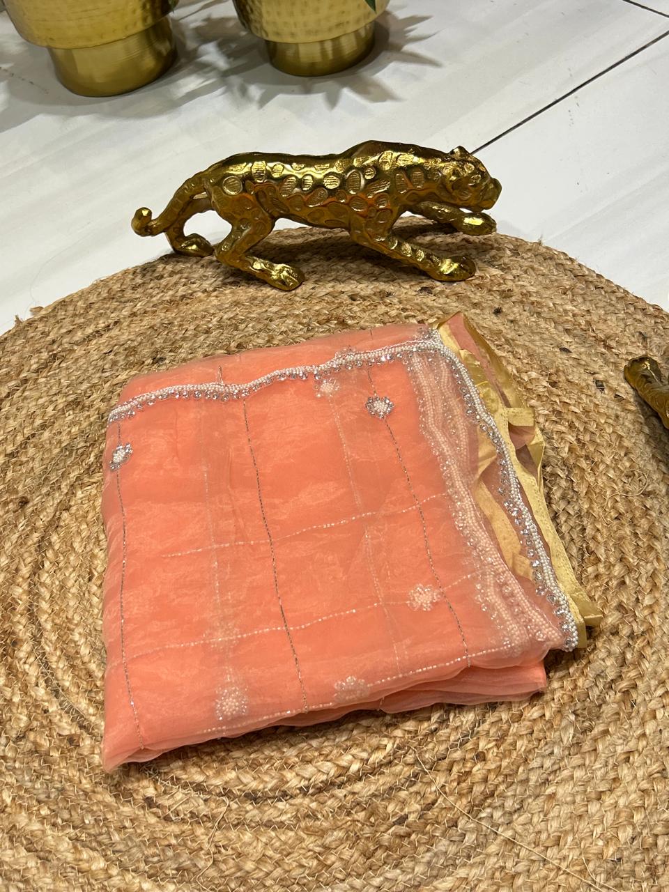 Soft Oraganza Saree With Pearl work🐚❄️