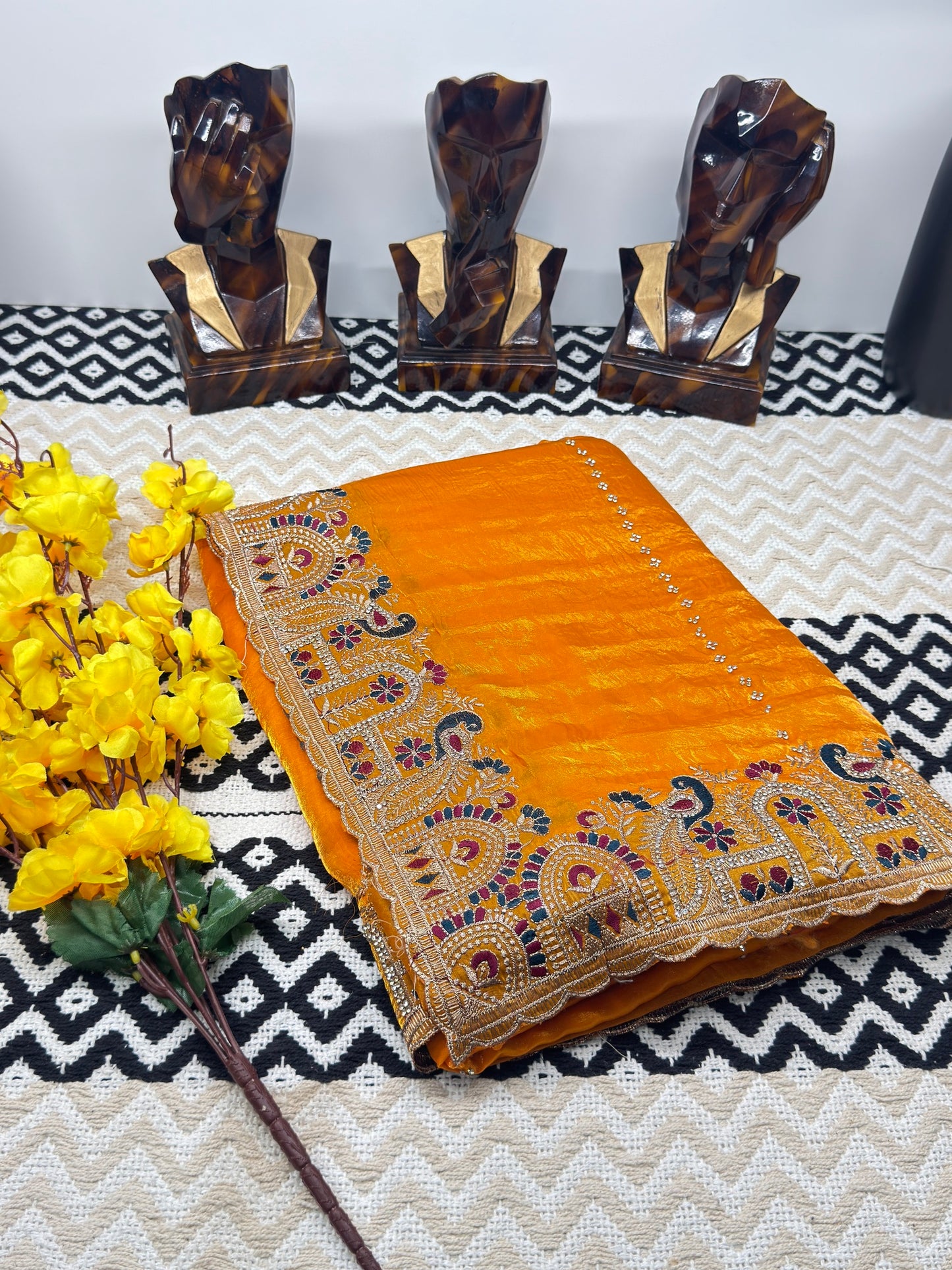 Mustard Orange Premium Fandy Silk Saree with Heavy Embroidered Border