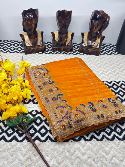 Mustard Orange Premium Fandy Silk Saree with Heavy Embroidered Border