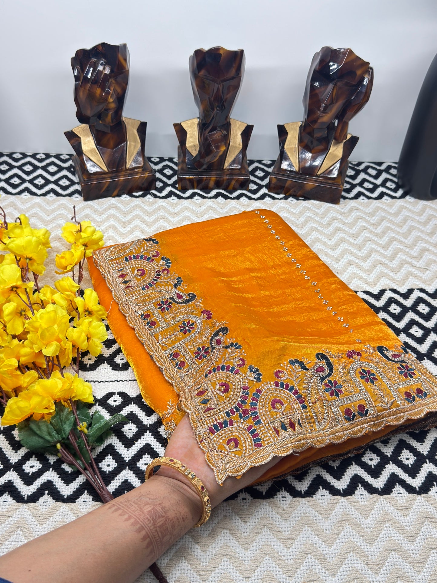 Mustard Orange Premium Fandy Silk Saree with Heavy Embroidered Border