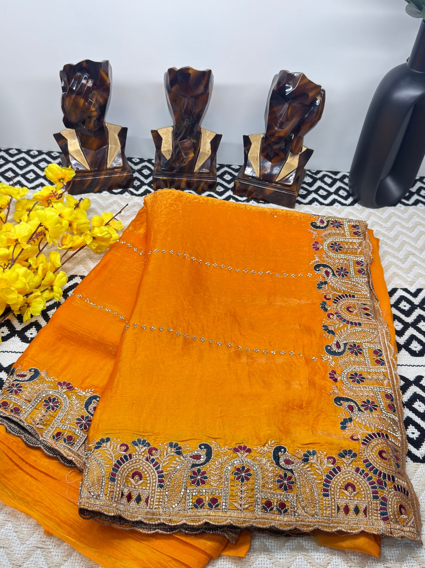 Mustard Orange Premium Fandy Silk Saree with Heavy Embroidered Border