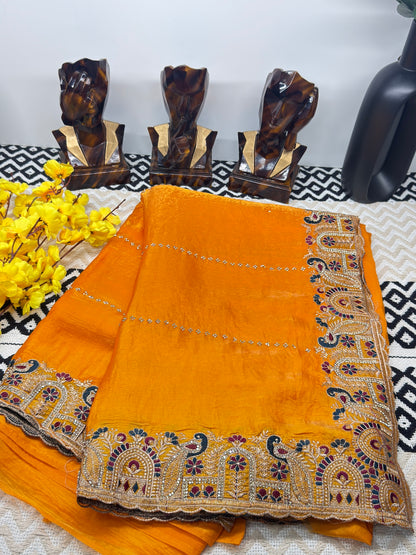 Mustard Orange Premium Fandy Silk Saree with Heavy Embroidered Border