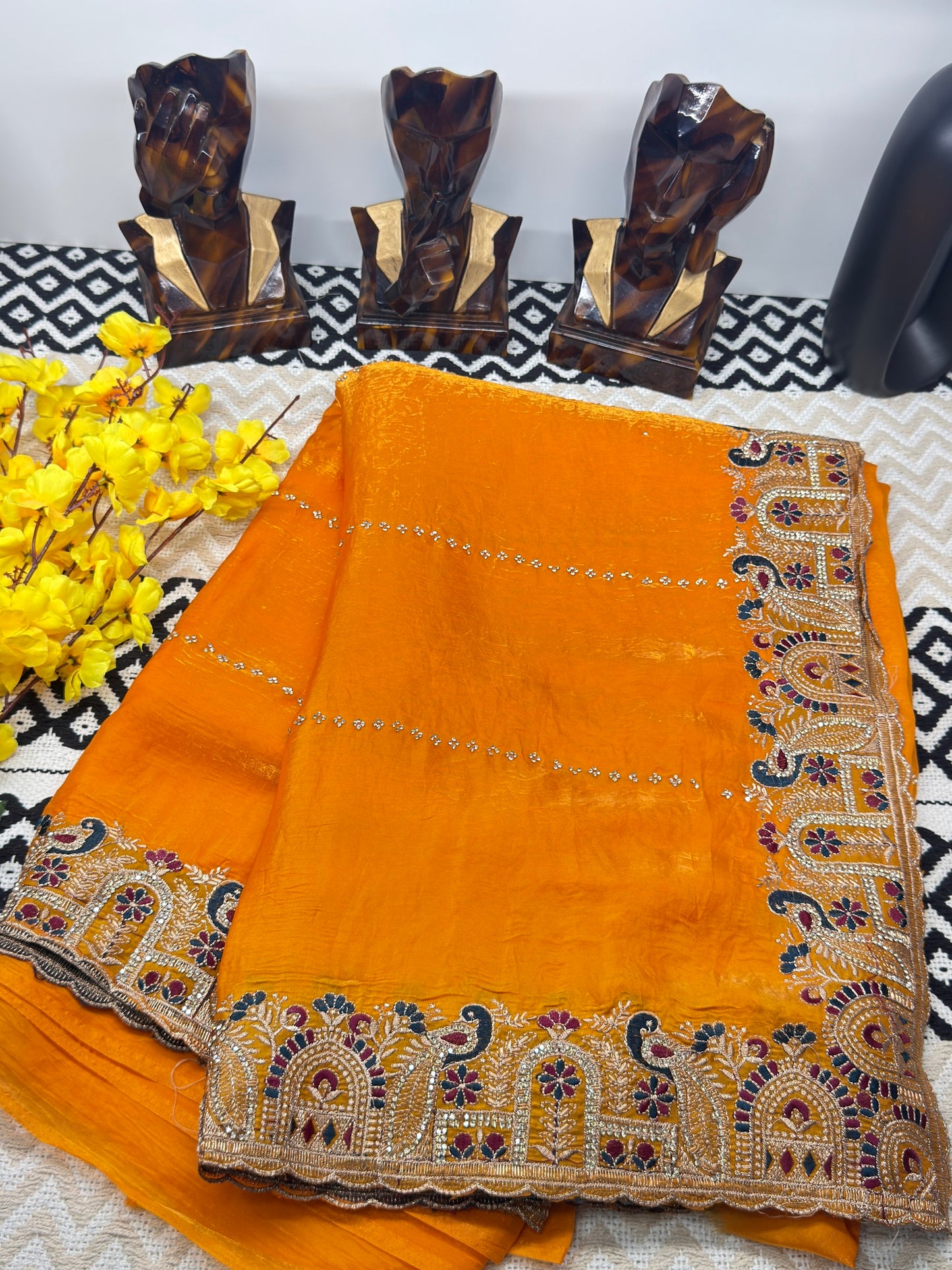 Mustard Orange Premium Fandy Silk Saree with Heavy Embroidered Border