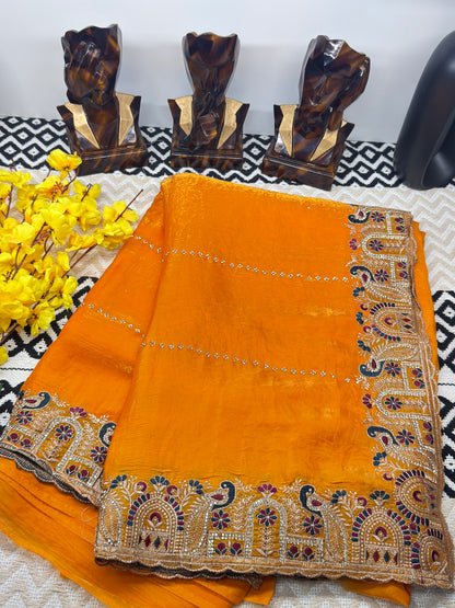 Mustard Orange Premium Fandy Silk Saree with Heavy Embroidered Border